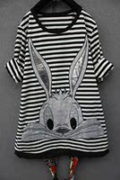 2014秋季新品特大码女装休闲宽松可爱兔子长款圆领打底衫纯棉T恤