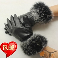 2014新款冬季保暖女士羊皮手套女黑色 分指兔毛手套皮质ST-200