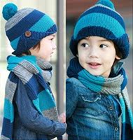 韩版新款冬季条纹纽扣儿童围巾帽子套装宝宝儿毛线帽
