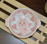 日式儿童餐具 日本进口陶瓷 古伊玥 立体卡通双耳汤碗(粉红兔)