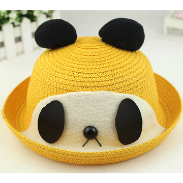 婴儿帽子夏季儿童帽子男潮女童 男童草帽 宝宝遮阳熊猫编织盆帽