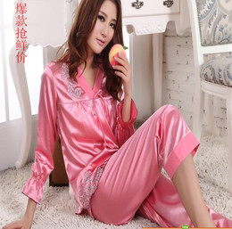 韩版女士夏春秋季仿真丝绸可爱品牌睡衣套装 居家服套两件套装