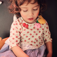 特价！韩国女童2015春装新款 波点水果蕾丝条纹T恤 中袖娃娃裙衫
