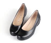 2015新款坡跟通勤春季圆头真皮OL工作黑色单鞋女鞋中跟妈妈鞋