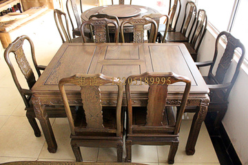 红木家具餐桌仿古饭桌长方形拉台雕刻实木伸缩餐桌100%非洲鸡翅木