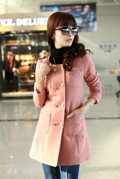 2013冬装新款 韩版时尚圆领金属扣中长款女装毛呢外套