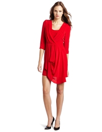 正品现货 美国 aryn K 真丝7分袖垂褶显瘦连衣裙  红裙/礼服裙