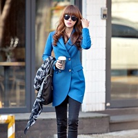 新款 女装韩版休闲 修身S形曲线 宝蓝色外套 长款西装