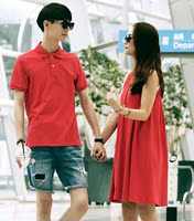 韩国情侣装夏装婚纱照大红色短袖polo领男T恤+女孕妇装连衣裙现货