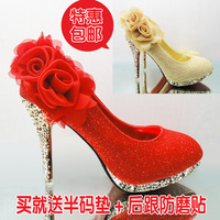 包邮2013新娘鞋 结婚鞋子女单鞋 高跟 红色金色大花朵旗袍鞋婚鞋