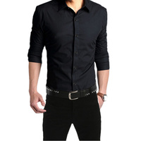 秋季纯色男士长袖衬衫韩版修身黑色伴郎寸衫商务休闲潮流型男衬衣