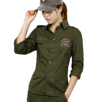 新 正品纯色军装长袖衬衫 女款军旅风纯棉翻领军绿色衬衣 潮 衬衫