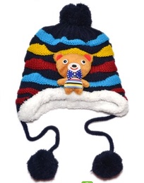 小熊儿童加绒帽 宝宝毛线帽 冬季韩版加厚保暖护耳菠萝装针织帽