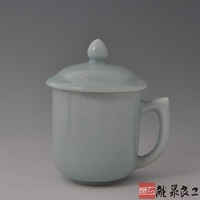 特价龙泉青瓷办公杯茶杯高档陶瓷礼品带盖茶具茶道水杯粉青将军杯