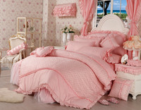包邮韩版套件 全棉橘粉色 心形碎花蕾丝 欧式床罩 花边四件套