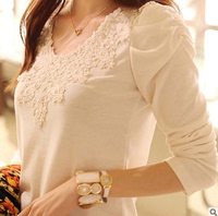 2015新款韩版修身打底衫女装上衣t圆领花边烫钻泡泡袖打底衫长袖T