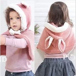 新款韩版冬季儿童兔子耳朵针织加绒连帽披风斗篷女童披肩保暖帽冬