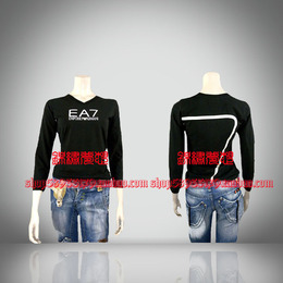 推荐！2011秋冬EA7运动系列新款女士V领黑色修身长袖T恤