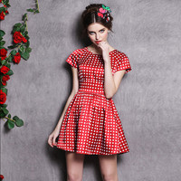 WVFV 欧洲站品牌2014夏装新款印花红白格子修身显瘦女式A字连衣裙