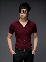 2015夏季男子修身韩版商务纯色男士短袖衬衫休闲酒红免烫白色衬衣