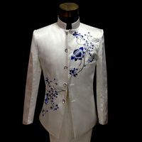 110-160CM男童白色绣花立领花童演出主持人独唱乐队白色西服礼服