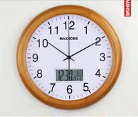 正品12寸静音LCD日历挂钟实木客厅钟表简约时尚万年历壁钟无声钟