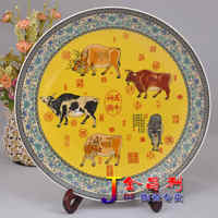 特价景德镇陶瓷挂盘 装饰盘 粉彩瓷盘 客厅工艺品摆件 五牛图