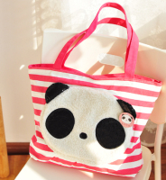 韩版潮流小清新条纹帆布包 可爱卡通熊猫女士单肩包 手提包休闲包