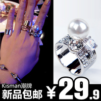 精致个性潮牌 英国18K镀金珍珠镶钻石经典食指韩国银色戒指女款