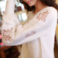 2014韩国宽松新款女白色品牌毛衣套头短款潮马海毛玫瑰蕾丝