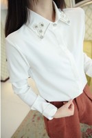 韩版女式镶钻打底白色保暖衬衫女士长袖学生带钻领加厚加绒衬衣冬