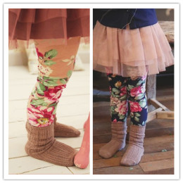 秋装新款韩国女童装 加绒印花朵 蕾丝花边打底裤 女童靴裤