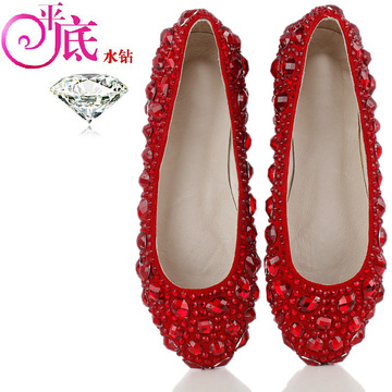 新款红色平底结婚鞋 大码圆头水晶平跟女单鞋 真皮手工水钻新娘鞋