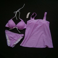 香港出口粉紫白点背心比基尼3件套款泳装显瘦 温泉泳衣