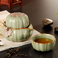 御居 哥窑快客杯 陶瓷功夫旅行茶具青瓷盖碗茶壶 一壶二杯 南瓜