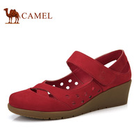 Camel 骆驼女鞋 春季休闲磨砂皮坡跟优雅镂空女士单鞋A92036613