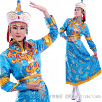 新款蒙古族舞蹈演出服女民族服饰蒙古族演出服装女士缎面蒙古袍
