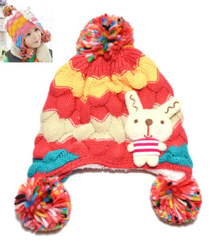 立体兔子护耳加绒加毛线帽 宝宝帽 韩版冬季保暖帽 针织帽菠萝型