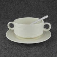 纯色新骨瓷咖啡杯碟套装欧式双耳陶瓷甜品杯汤杯甜品碗送勺子