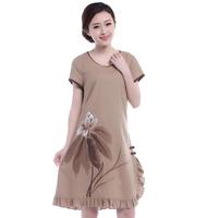 促销2015夏新款女装中国民族风棉麻手绘唐装短袖荷叶边圆领连衣裙