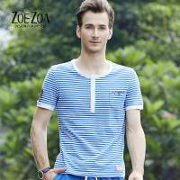 ZOEZOA原创设计品牌时尚个性条纹圆领纽扣男士短袖T恤 男士休闲服