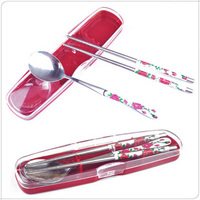 正品不锈钢便携餐具 高温烤瓷盒装筷子勺子套装 韩国卡通筷子套装