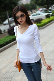 包邮 春款韩版女装V领长袖T恤 纯色修身显瘦打底衫 女白色长袖t恤
