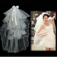 新娘头纱多层韩版乳白色特价配件蓬蓬婚礼珍珠米蝴蝶结