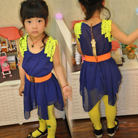 韩版女童装雪纺无袖连衣裙紫色夏季儿童不规则蕾丝边公主裙配腰带