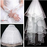 2015新款新娘时尚蕾丝手套白色撑裙长款头纱 三件套结婚专用套装