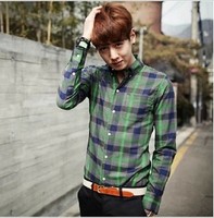 2015韩国正品包邮春装新款修身男式格子纯棉长袖衬衫含加大码