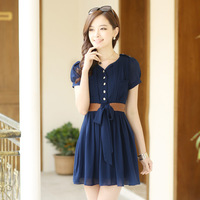 2014新款夏装 夏季新款韩版修身时尚大方短袖雪纺连衣裙包邮