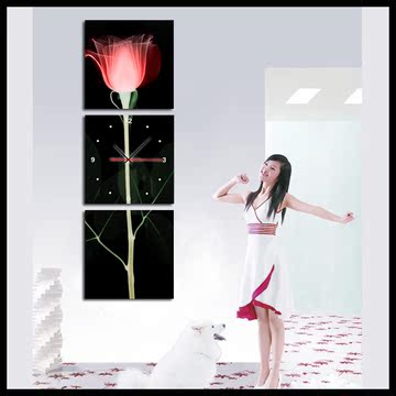 抽象玫瑰花卉装饰走廊墙壁画 无框挂钟竖三联玄关时钟电池带表画