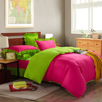 纯色素色双拼纯棉四件套全棉磨毛床裙被套床单三件套床上用品包邮